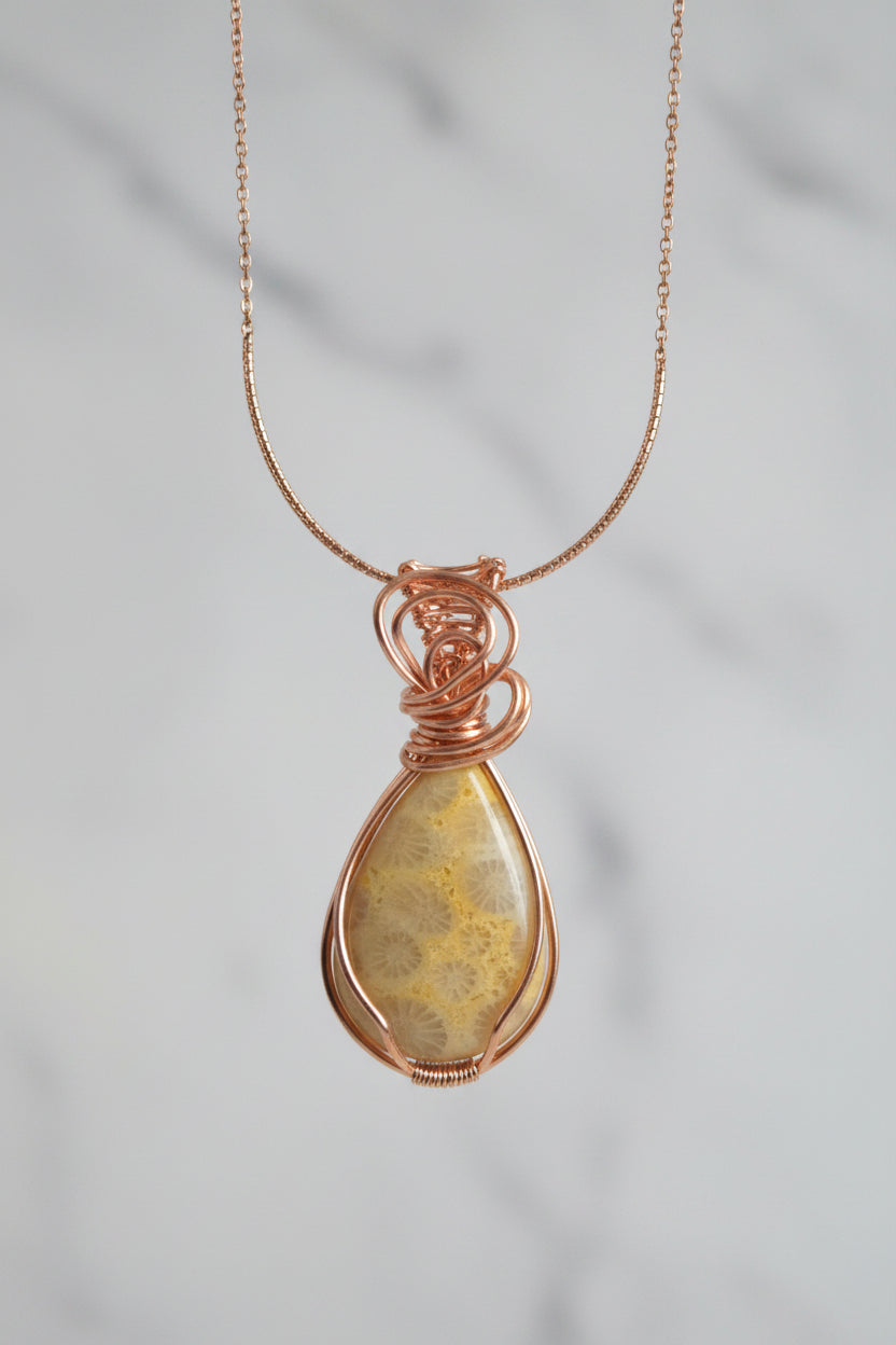 Copper wire wrapped corral fossil