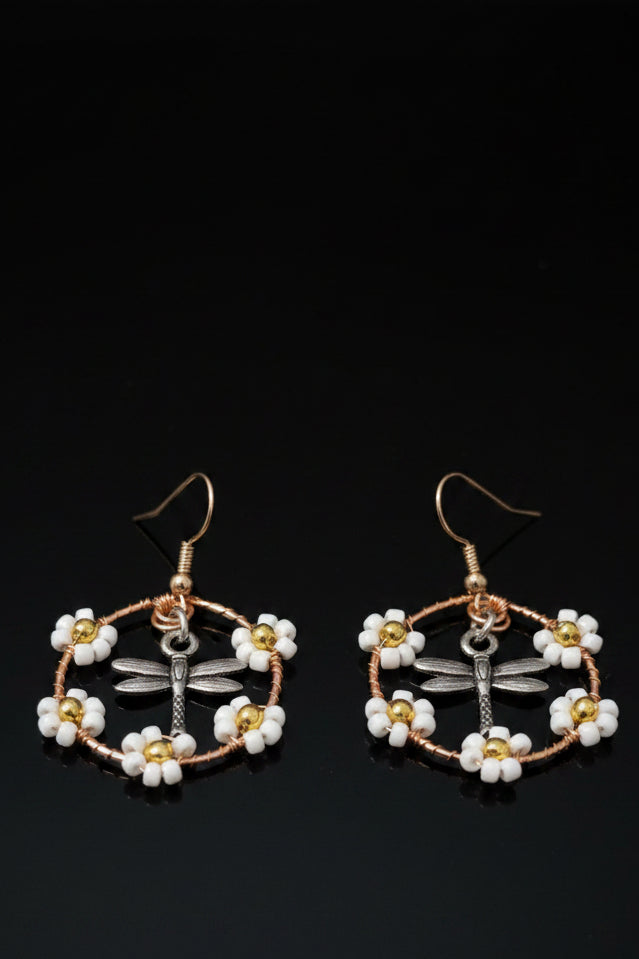 Daisy dragonfly earrings on 18kt gold hooks