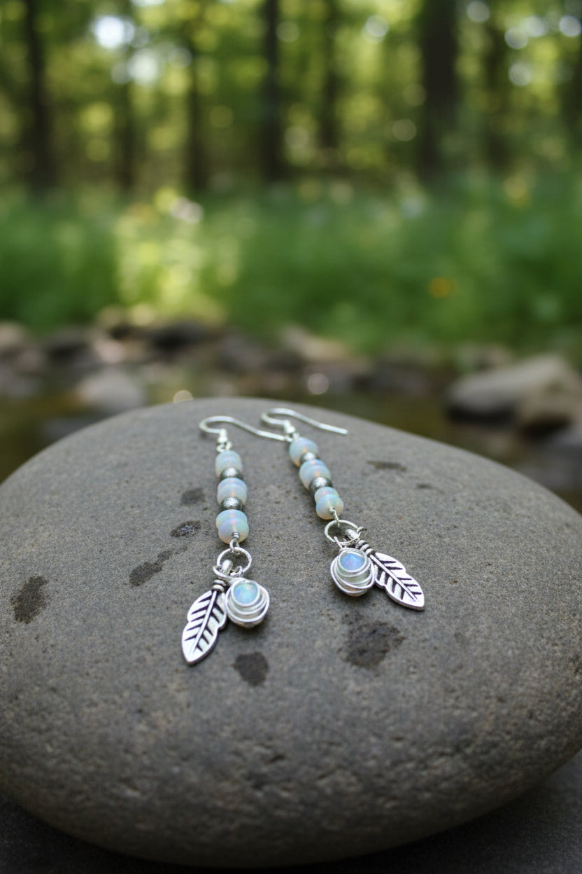 Opal and feather silver earrings