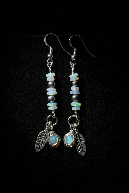 Opal and feather silver earrings