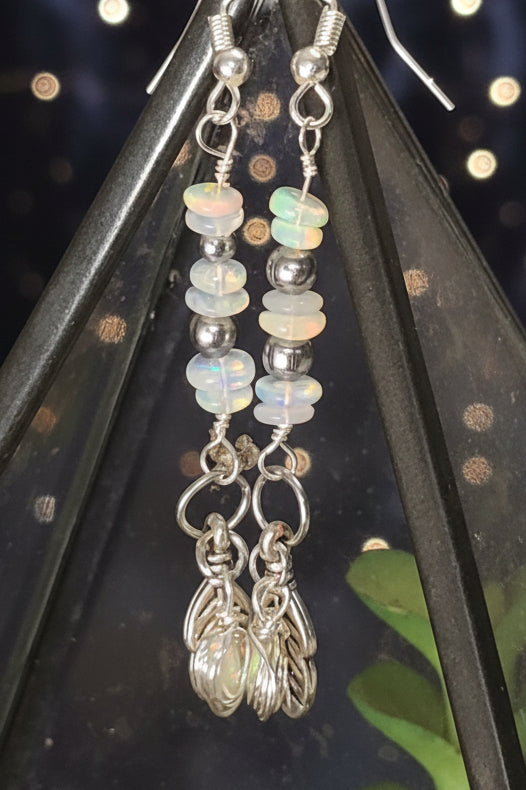 Opal and feather silver earrings
