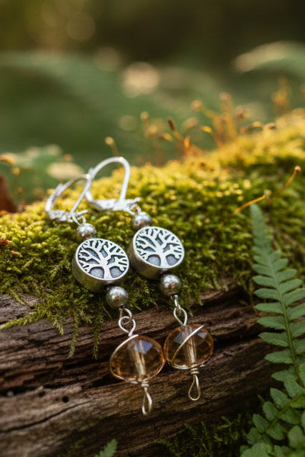 Rose quartz and tree of life silver earrings