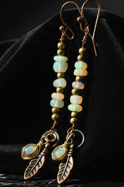 Opal and feather copper earrings