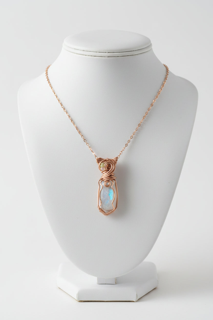 Rainbow moonstone and opal in bail copper wire wrapped pendant