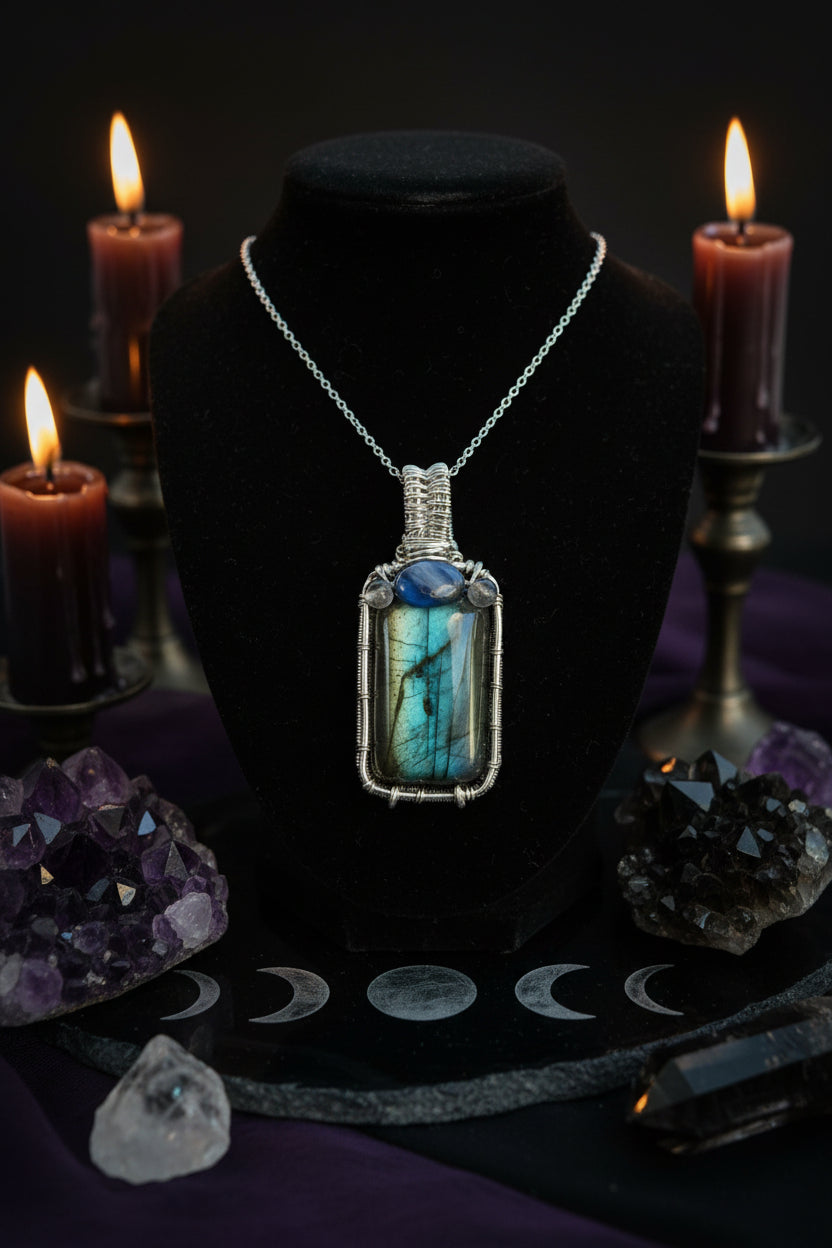 Labradorite and blue Kyanite wrapped in silver