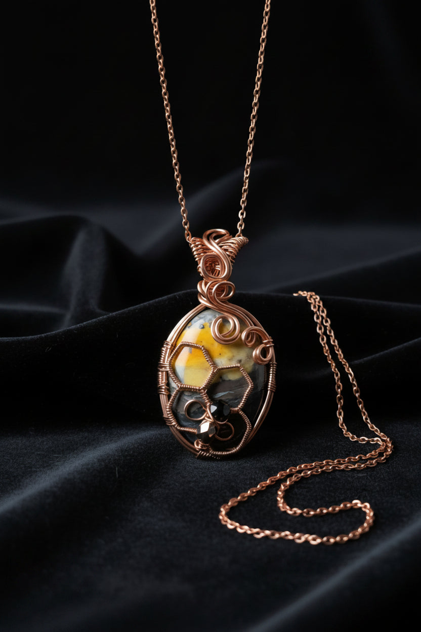 Bumblebee jasper and copper pendant