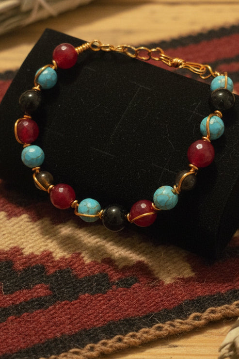 Turquoise,Ruby and black obsidian copper bracelet
