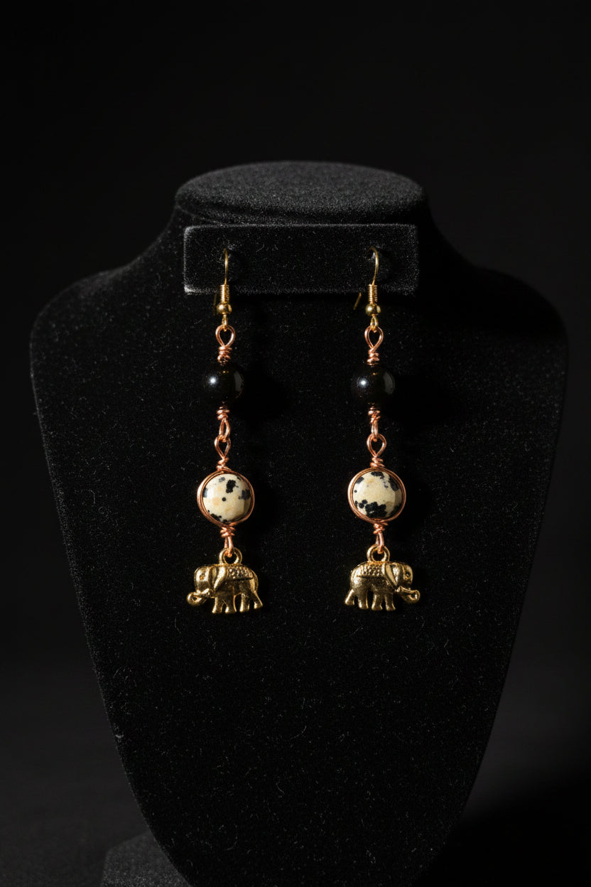 Dalmation jasper and golden sheen elephant earrings