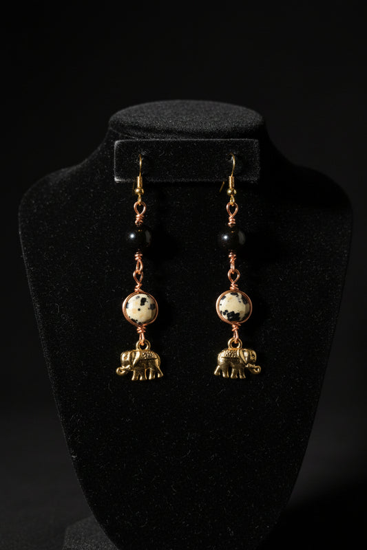 Dalmation jasper and golden sheen elephant earrings