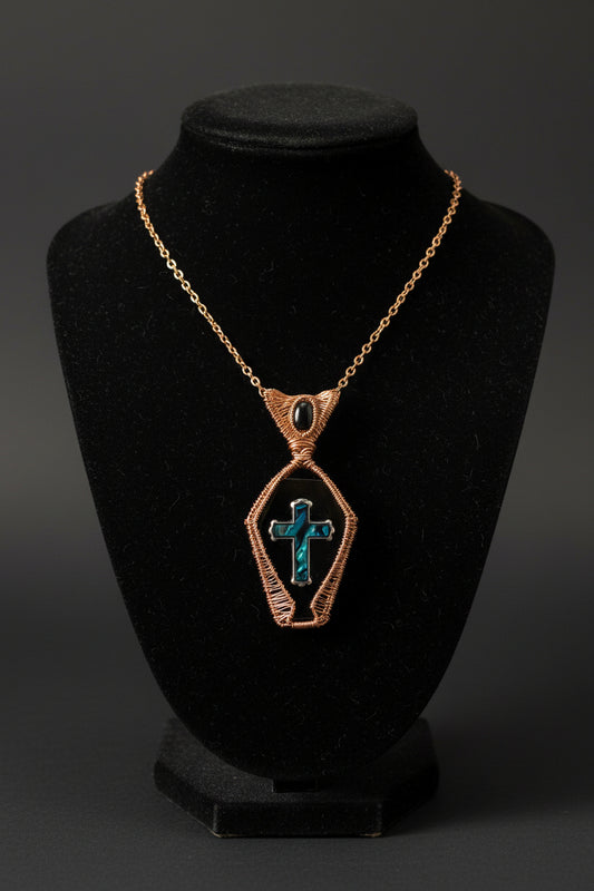 Copper wire wrapped Black onyx shaped coffin and abalone shell in silver copper