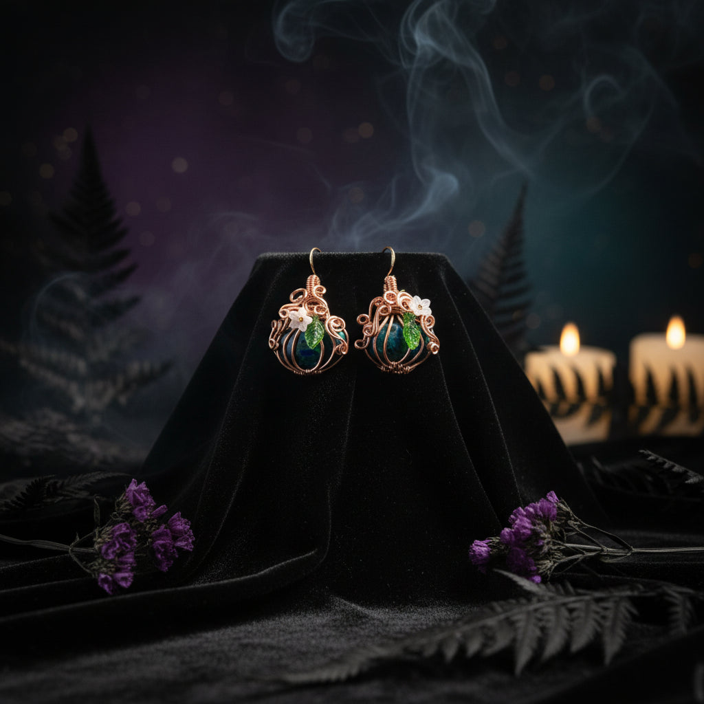 Chrysocolla and copper pumpkin earrings with 14kt gold hooks