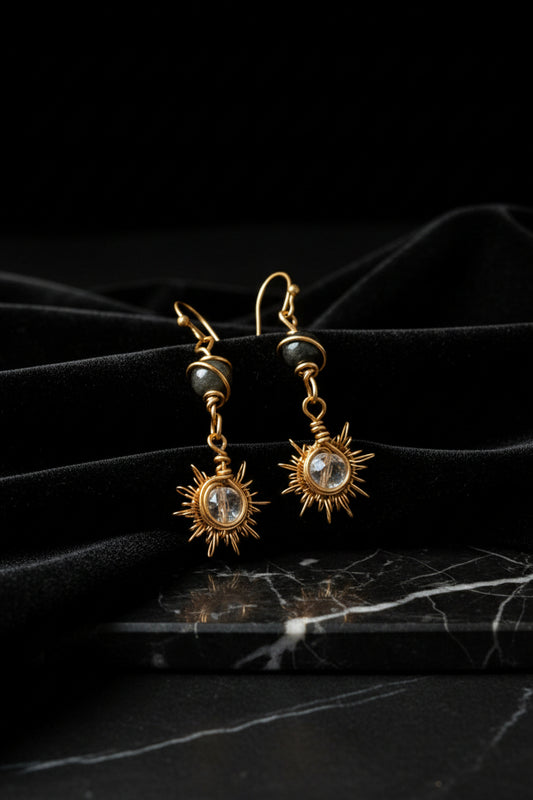 Crushed quartz and golden obsidian sun burst earrings ✨️