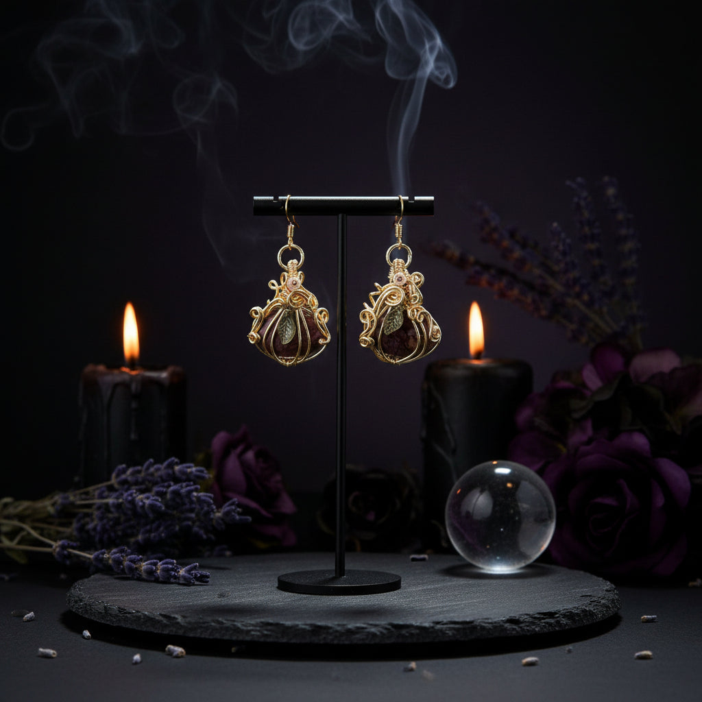 Jasper and gold tone pumpkin earrings with 14kt gold hooks