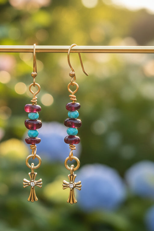 Garnet and turquoise earrings with a cross dangle charm ✨️