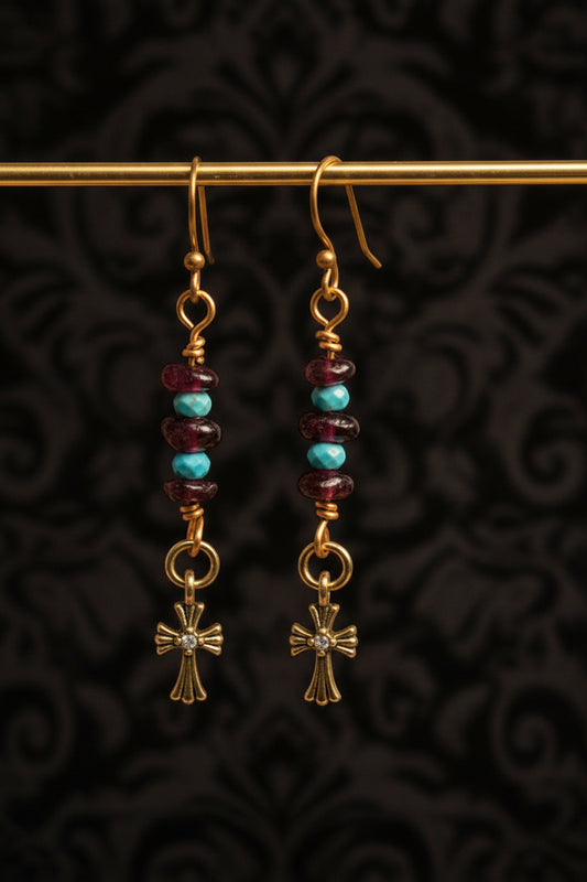 Garnet and turquoise earrings with a cross dangle charm ✨️