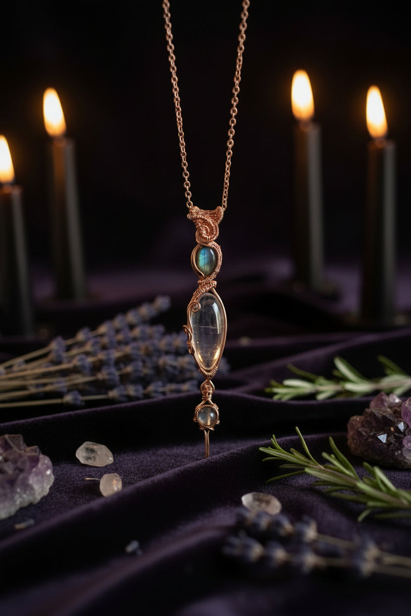 Clear quartz and labradorite copper pendant