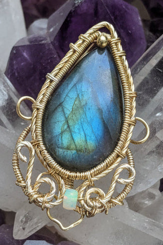 Labradorite and opal wrapped in gold toned wire