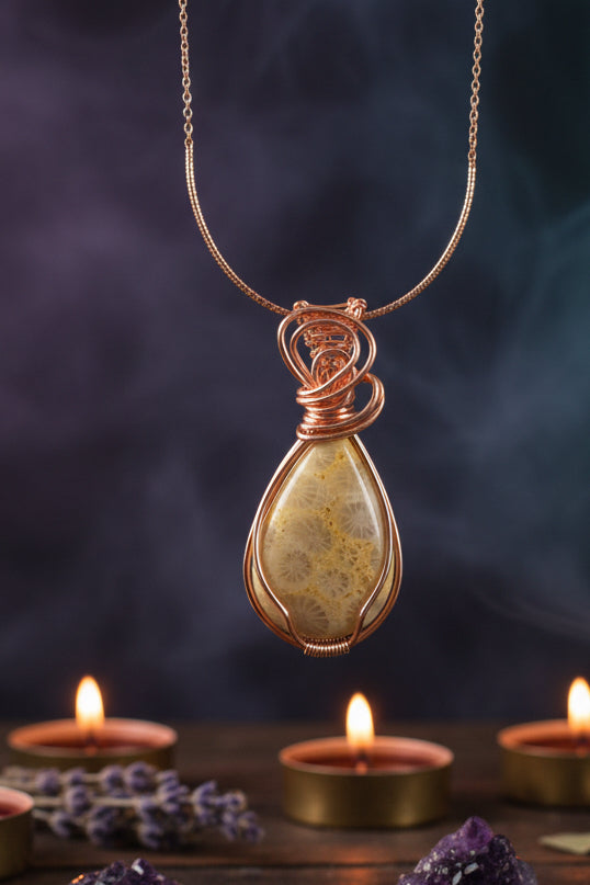 Copper wire wrapped corral fossil