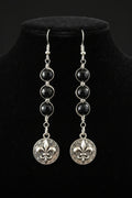 Black agate wire wrapped in silver with fleur-de-lis charm dangle earrings Stirling silver earring hook