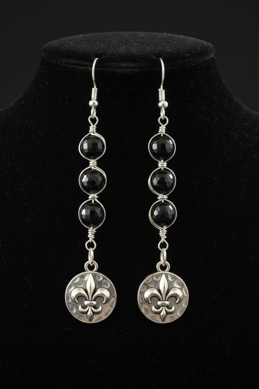 Black agate wire wrapped in silver with fleur-de-lis charm dangle earrings Stirling silver earring hook