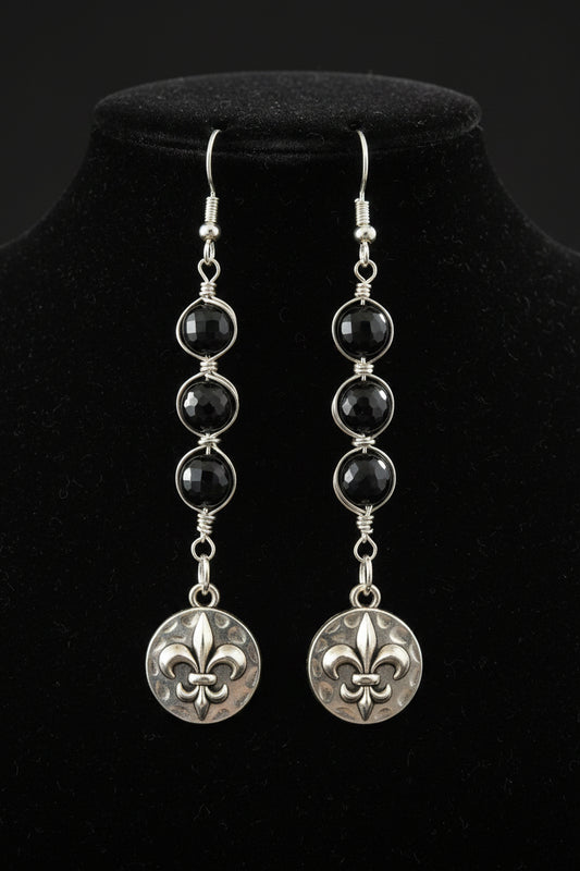 Black agate wire wrapped in silver with fleur-de-lis charm dangle earrings Stirling silver earring hook
