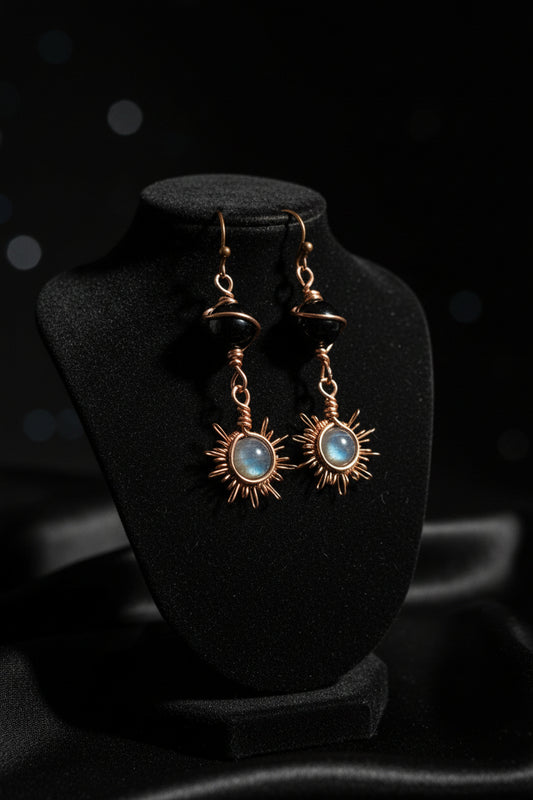 Labradorite and gold sheen obsidian copper earrings ✨️