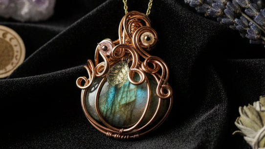Labradorite wrapped in copper pumpkin