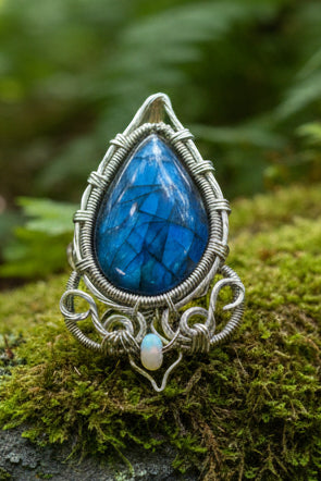 Labradorite and opal silver wrapped pendant