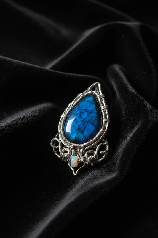 Labradorite and opal silver wrapped pendant