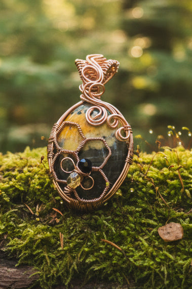 Bumblebee jasper and copper pendant