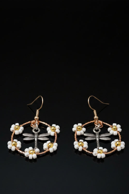 Daisy dragonfly earrings on 18kt gold hooks